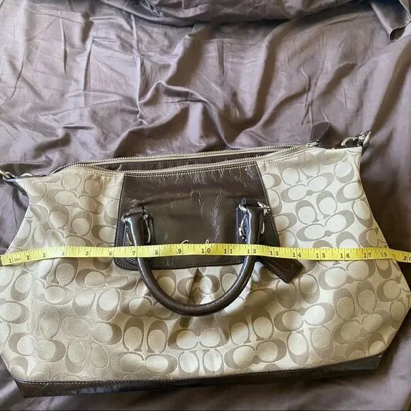 Coach tan canvas & patent leather cross body bag
